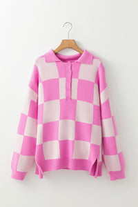 Hazel Blues® |  Slit Checkered Half Button Long Sleeve Sweater