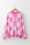 Hazel Blues® |  Slit Checkered Half Button Long Sleeve Sweater