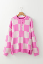 Hazel Blues® |  Slit Checkered Half Button Long Sleeve Sweater