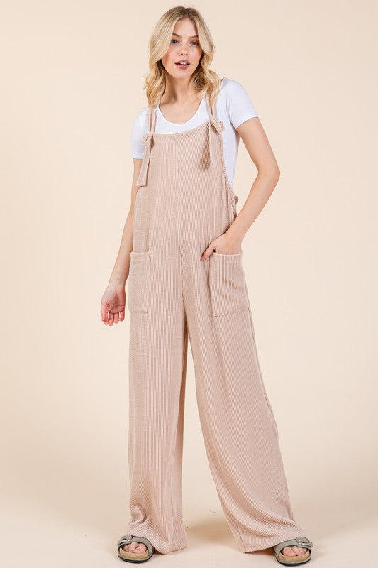 Hazel Blues® |  BOMBOM Knot Straps Wide Leg Ribbed Overalls with Pockets