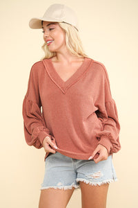 Hazel Blues® |  VERY J Two Tone Ribbed V-Neck Exposed Seam Top