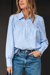 Hazel Blues® |  Sky Blue Stripe Shirred Detail Half Placket Collared Long Sleeve Fall Shirt