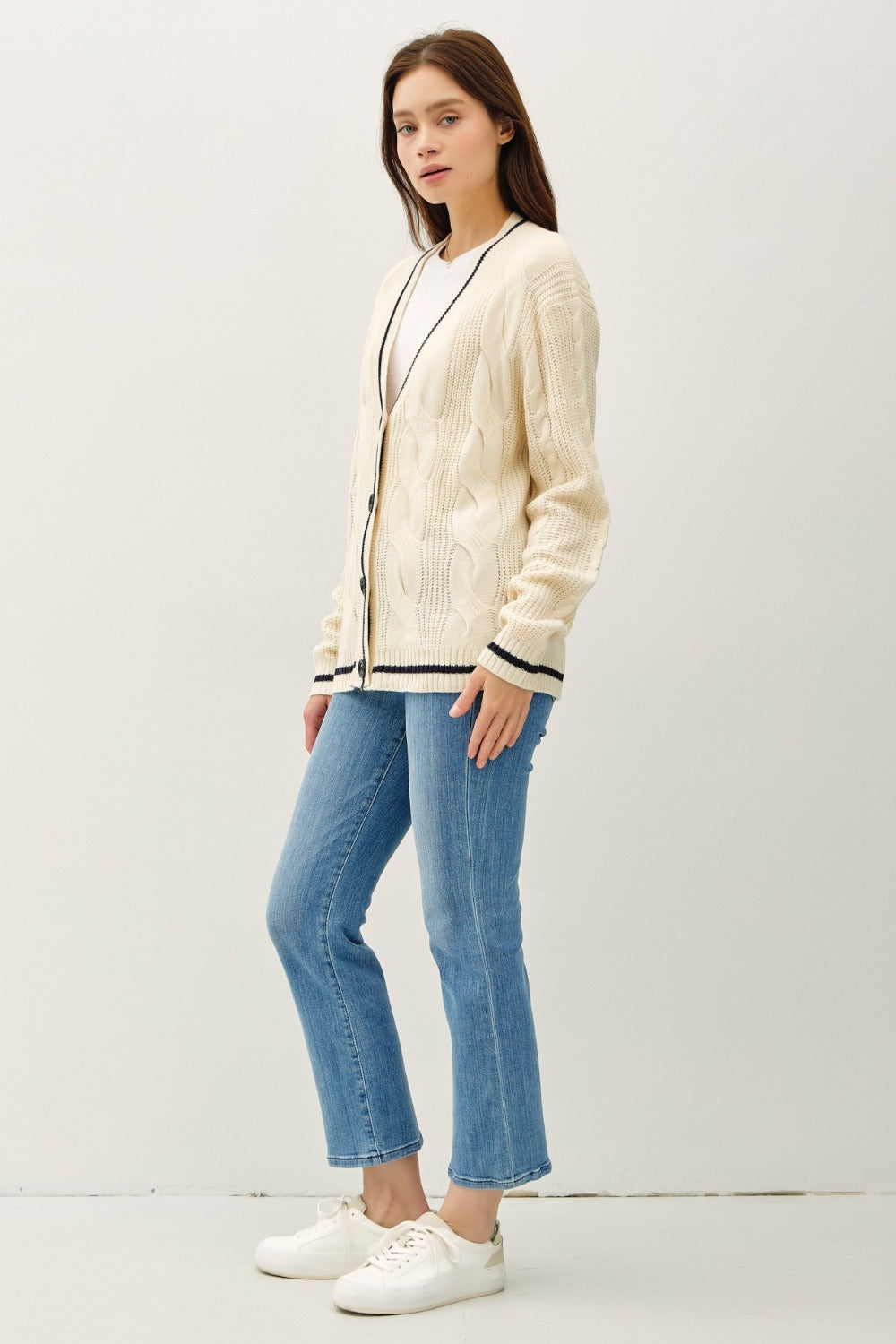 Hazel Blues® |  Be Cool Contrast Trim Cable-Knit V-Neck Cardigan