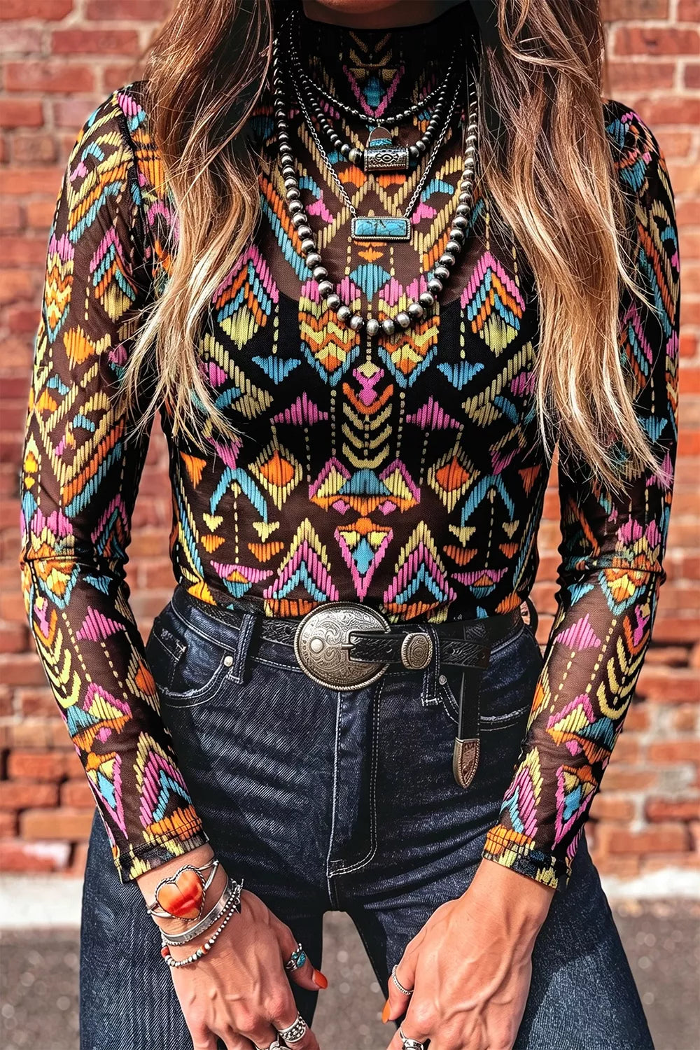 Abstract Print Long Sleeve Stand Neck Mesh Top – Hazel Blues®
