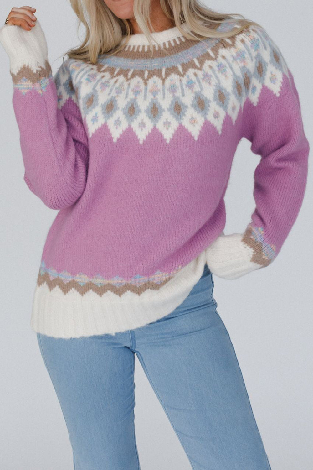 Hazel Blues® |  Geometric Round Neck Long Sleeve Sweater