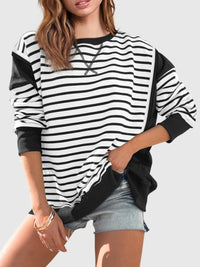 Hazel Blues® |  Slit Exposed Seam Striped Long Sleeve Sweatshirt