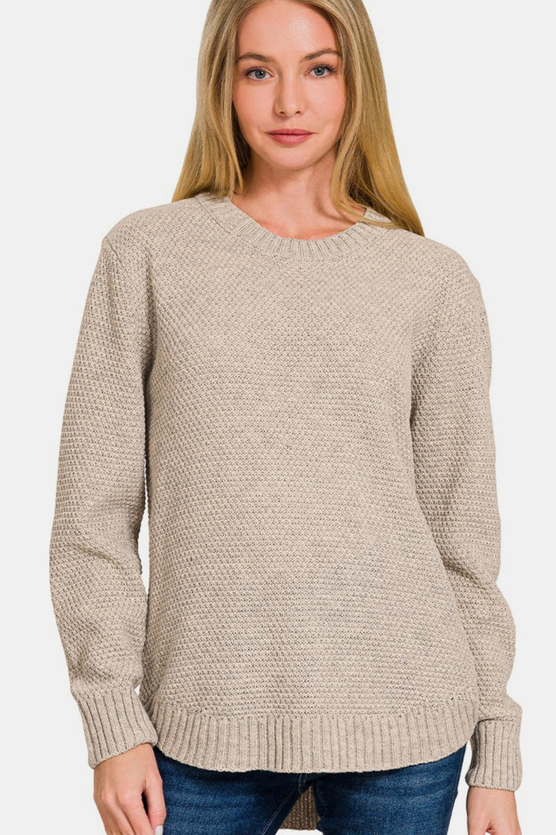 Hazel Blues® |  Zenana Ful Size Round Neck Long Sleeve Curved Hem Sweater