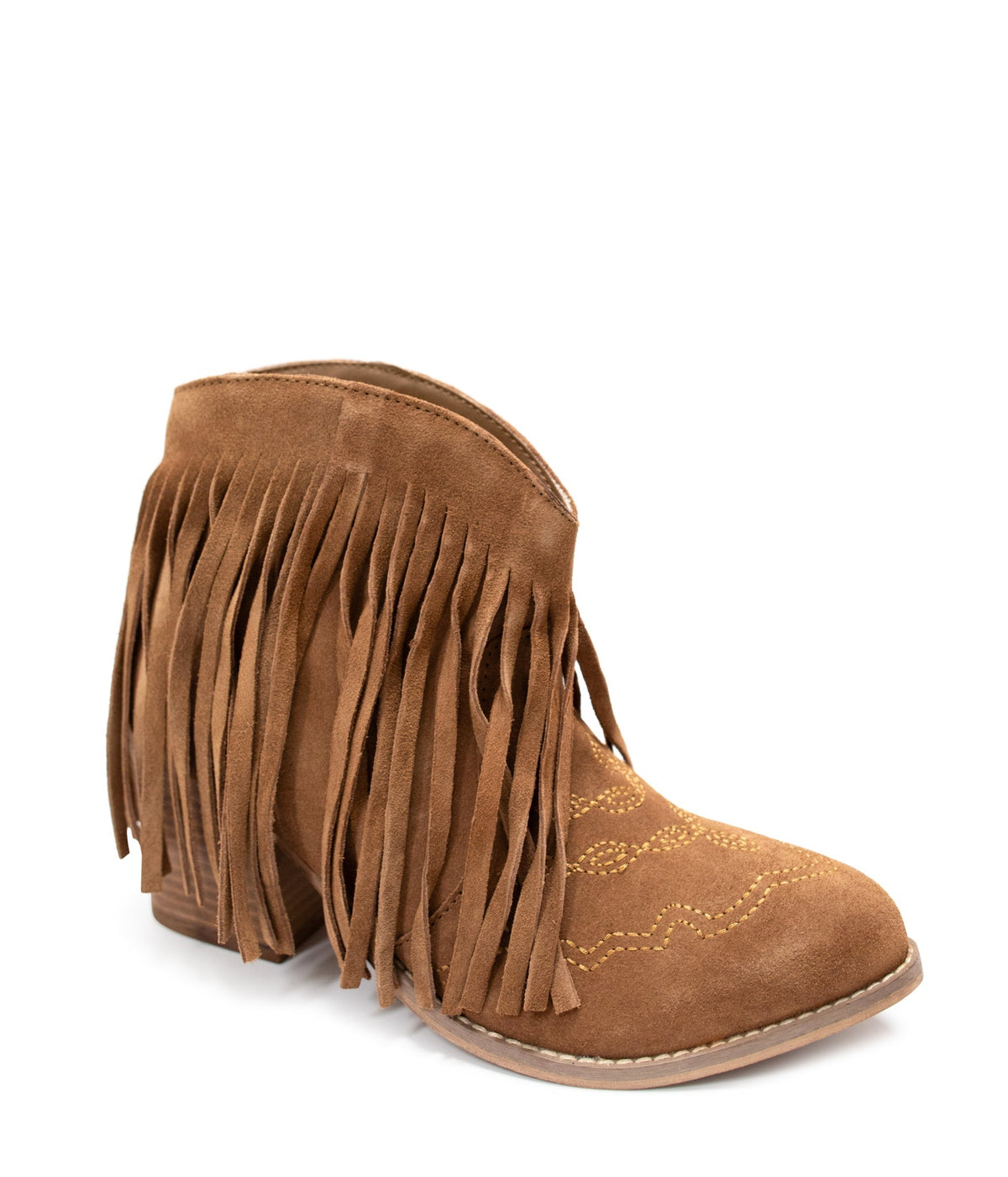 Hazel Blues® |  Amos Fringe Ankle Bootie in Tan Suede