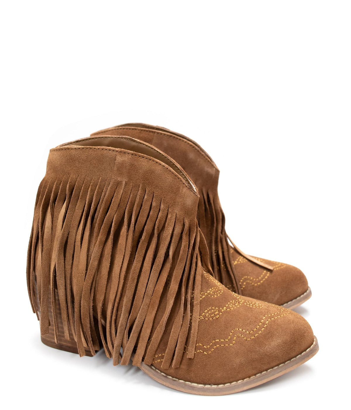 Hazel Blues® |  Amos Fringe Ankle Bootie in Tan Suede