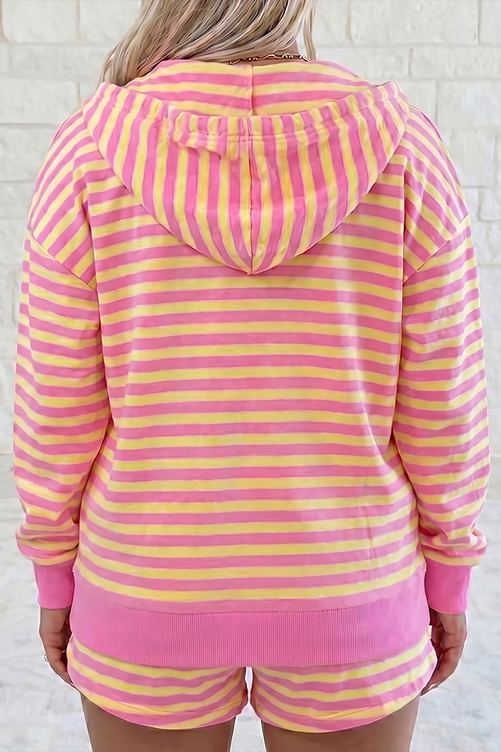 Striped Long Sleeve Zip-Up Hoodie Drawstring Elastic Waist Two-Piece Short Set | Striped Long Sleeve Drawstring Set