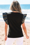 Hazel Blues® |  Black GAME DAY Checkered Letter Graphic Leatherette Ruffle Sleeve Top