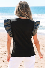 Hazel Blues® |  Black GAME DAY Checkered Letter Graphic Leatherette Ruffle Sleeve Top