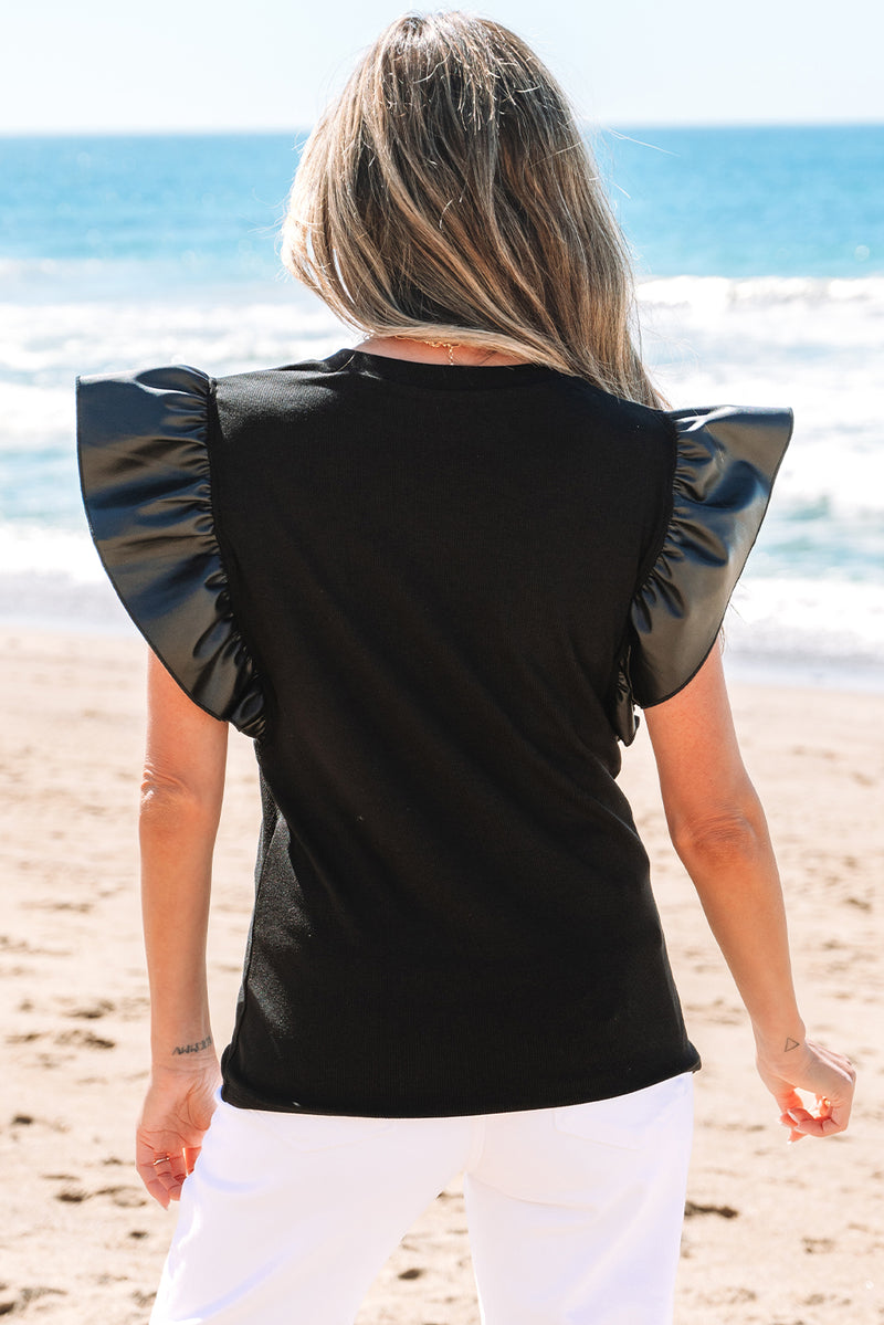 Hazel Blues® |  Black GAME DAY Checkered Letter Graphic Leatherette Ruffle Sleeve Top