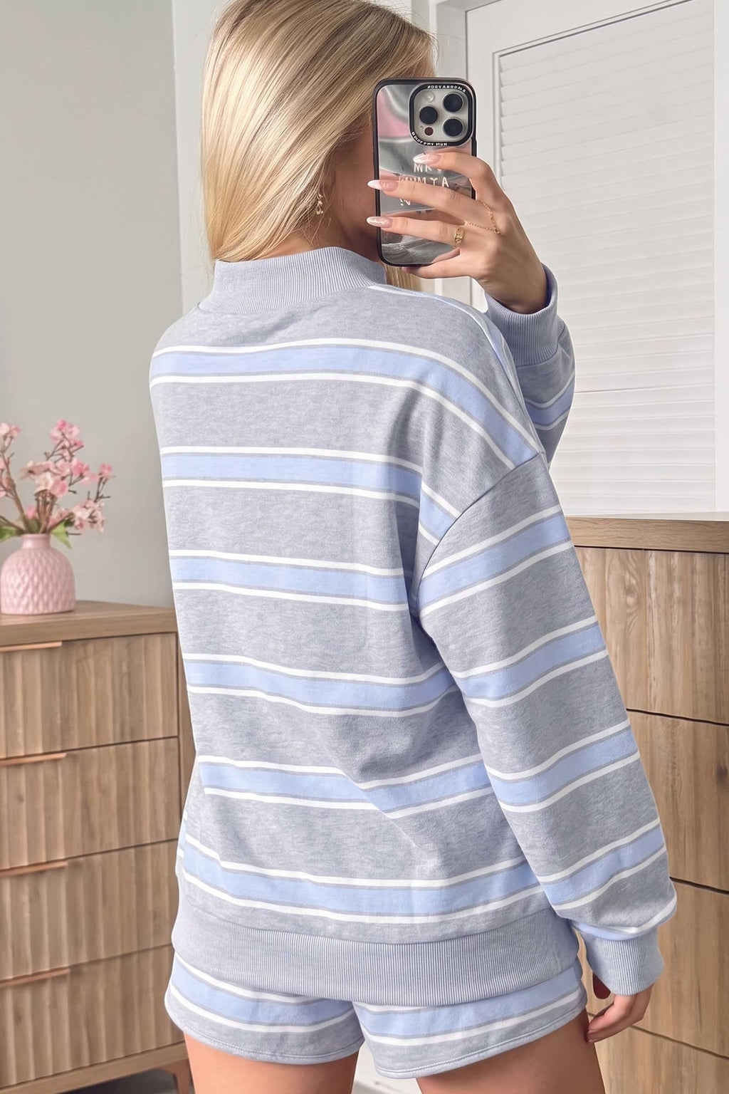 Blue Stripe Mock-Neck Top and Shorts Set