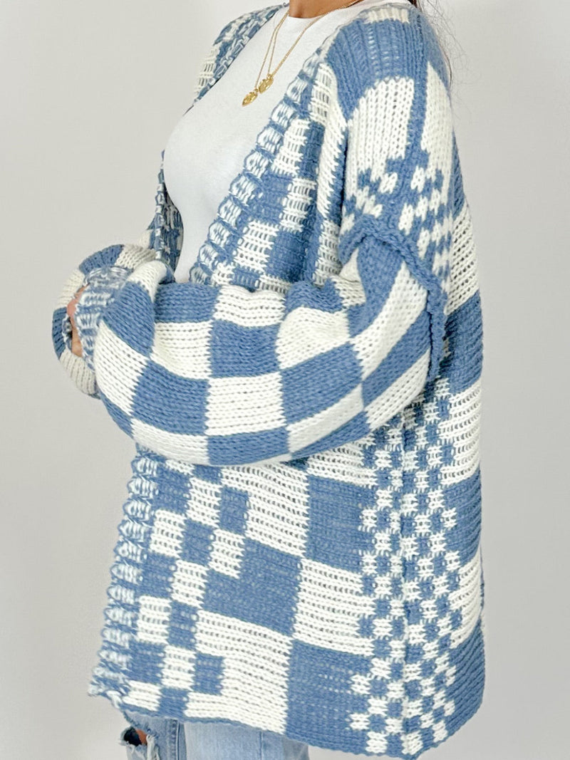 Hazel Blues® |  Checkered Open Front Long Sleeve Cardigan