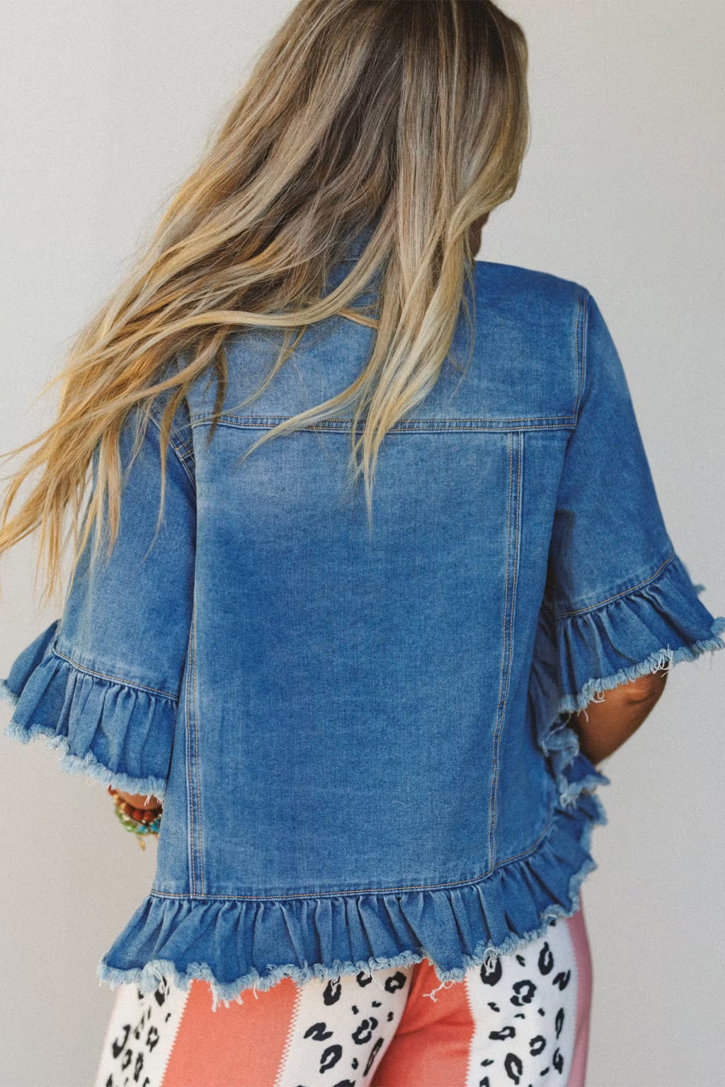 Ruffle Hem Raw Edge Half Sleeve Western Denim Jacket | Denim Western Ruffle Jacket