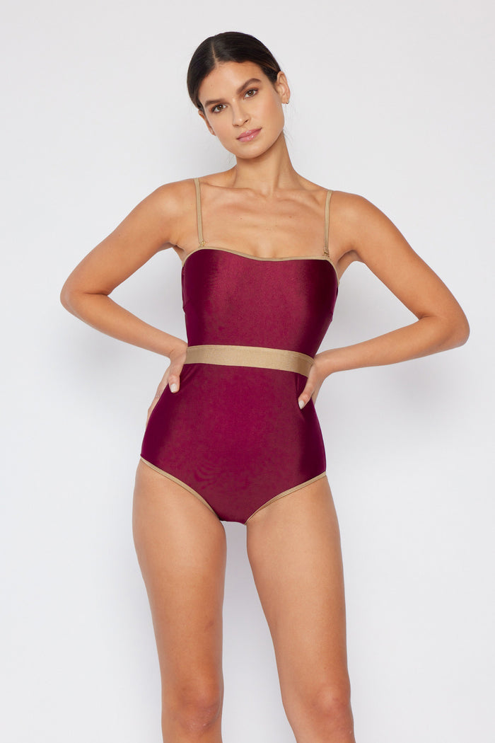 Hazel Blues® | Wave Break Contrast Trim One-Piece in Wine: Adult