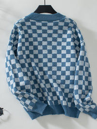 Hazel Blues® |  Checkered V-Neck Dropped Shoulder Sweater