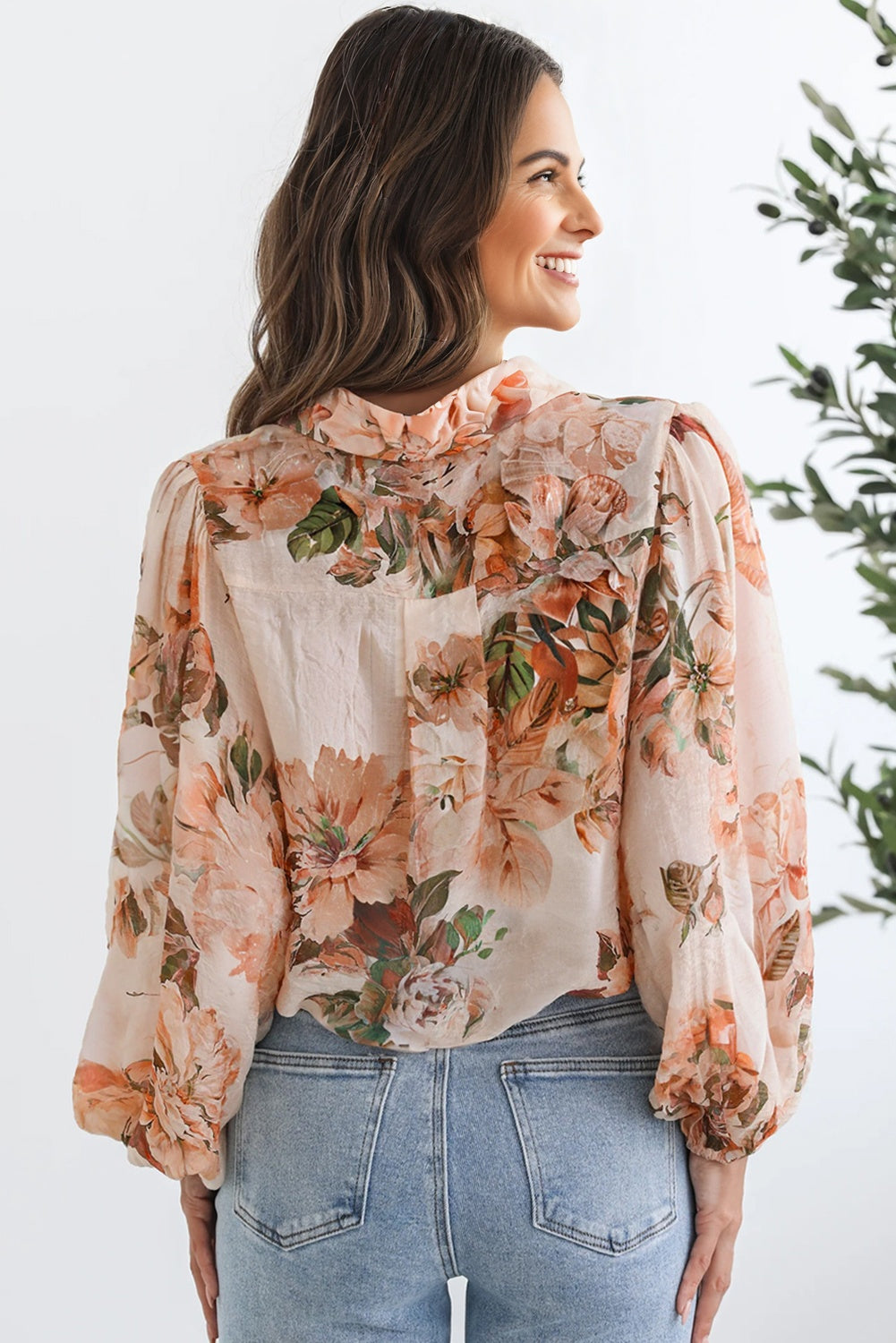 Hazel Blues® |  Orange Floral Puff Sleeve Lightweight Shirt