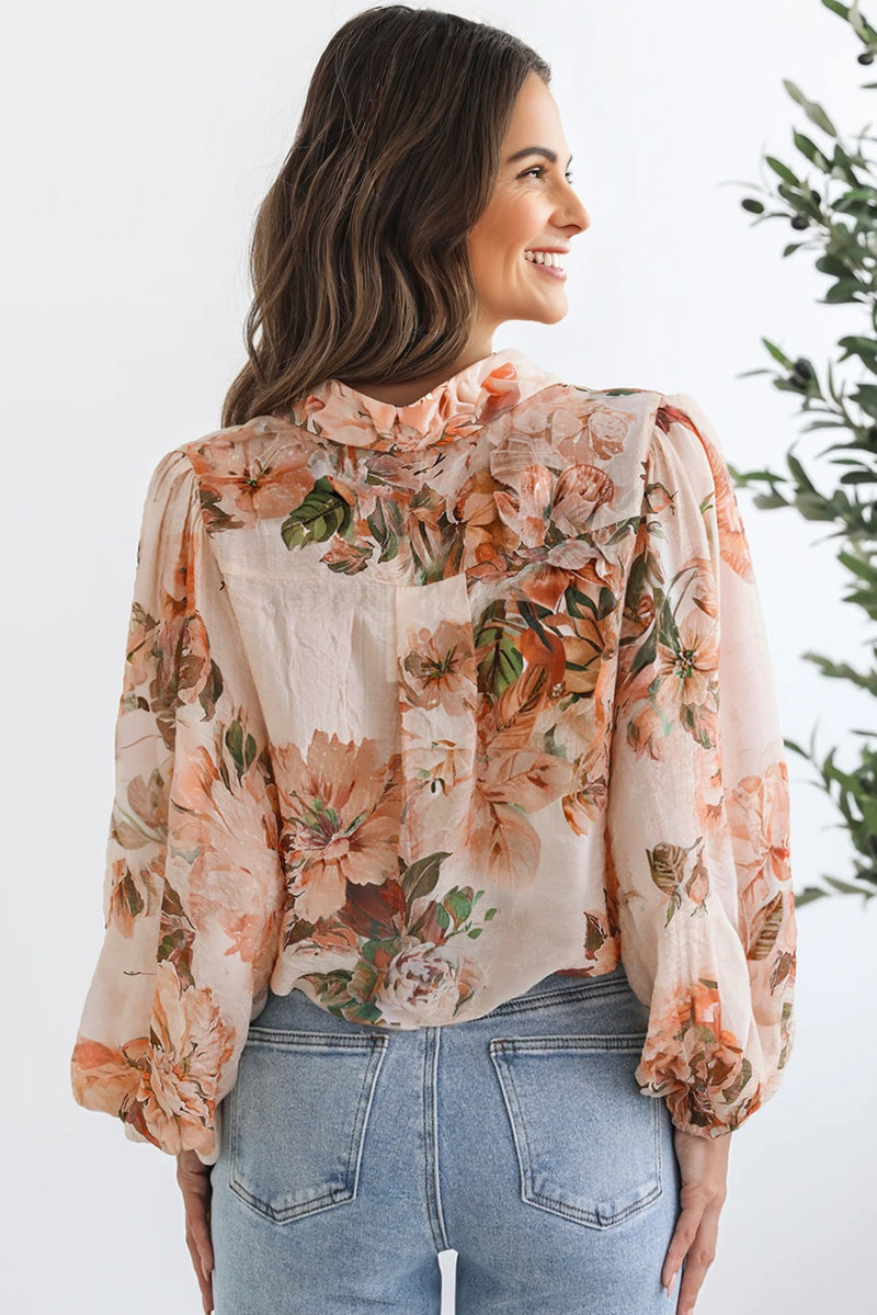 Hazel Blues® |  Orange Floral Puff Sleeve Lightweight Shirt
