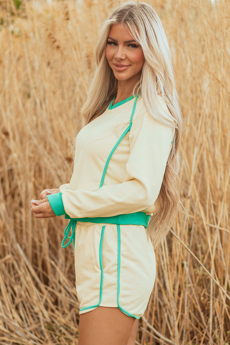 Hazel Blues® |  White Contrast Trim Colorblock Long Sleeve Pullover and Drawstring Shorts 2pcs Outfit