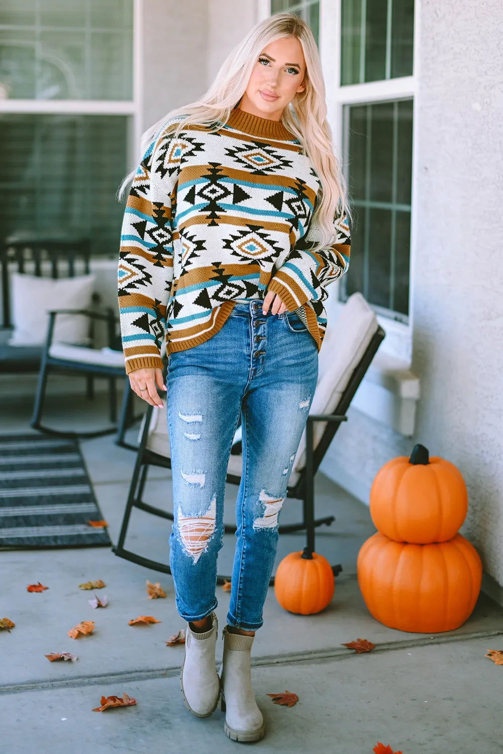 Hazel Blues® |  Geometric Round Neck Long Sleeve Sweater