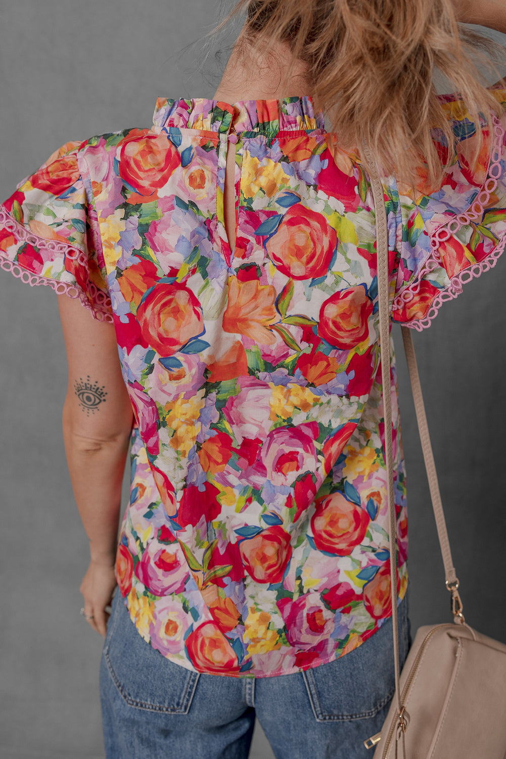 Lace Trim Ruffle Short Sleeve Floral Blouse | Floral Lace Ruffle Blouse