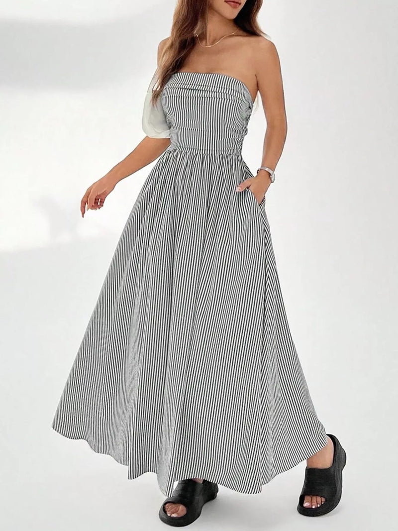 Striped Strapless Casual Maxi Dress from OhSoStyled at Sophia's Style Blue / XL Striped Strapless Casual Maxi Dress from OhSoStyled at Sophia's Style Blue / XL