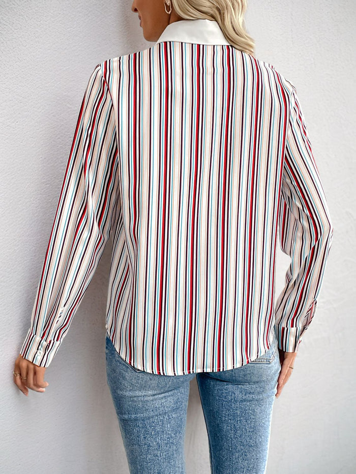 Hazel Blues® |  Perfee Contrast Striped Collared Neck Long Sleeve Shirt