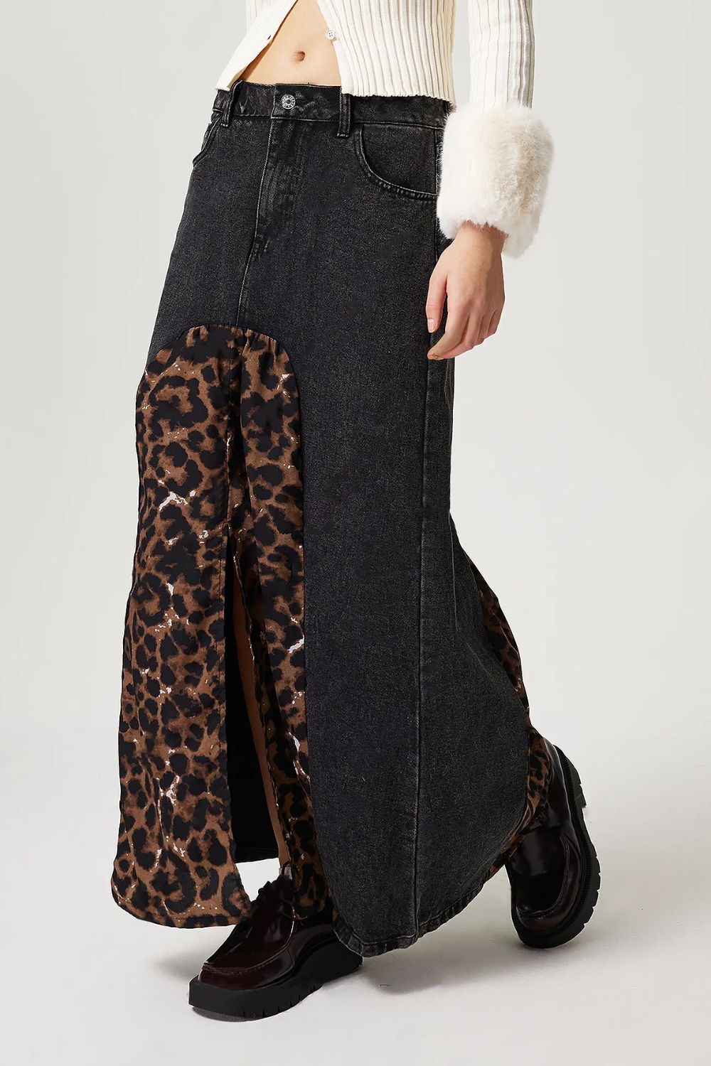 Hazel Blues® |  Slit Leopard Midi Denim Skirt