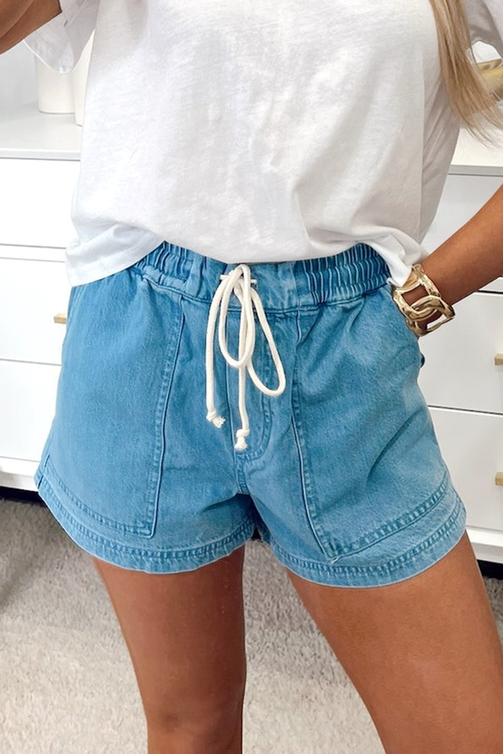 Contrast Drawstring Elastic Waistband Denim Shorts | Denim Drawstring Shorts