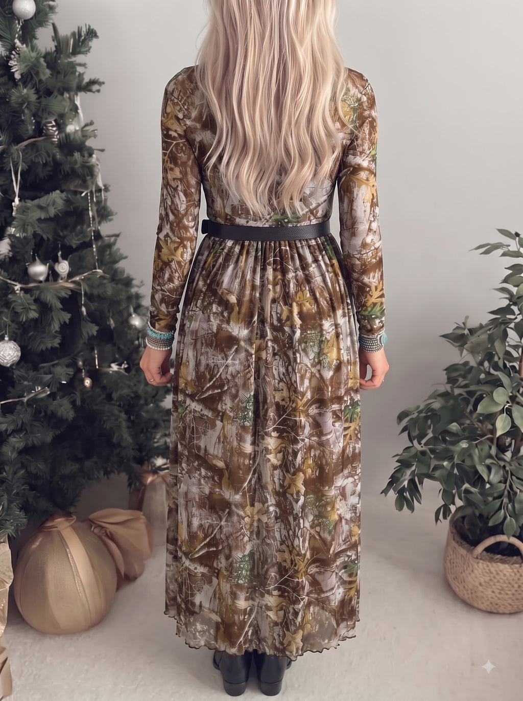 Brown Western Print Mesh Long-Sleeve Maxi Dress