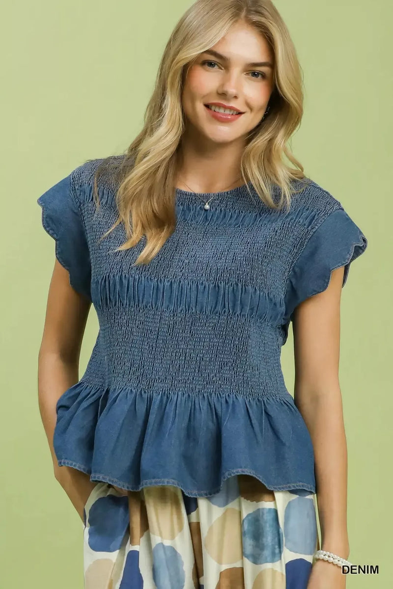 Umgee Smocked Peplum Top with Scalloped Ruffle Cap Sleeves – Hazel