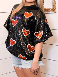 Hazel Blues® |  Valentine’s Day Sequin Heart Round Neck Half Sleeve Top