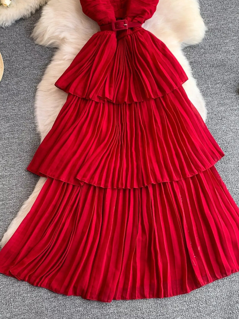 Pleated Layered Spaghetti Strap Midi Dress  Hazel Blues