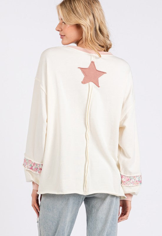 Hazel Blues® |  SAGE + FIG Peace & Star Patch Contrast Round Neck Sweatshirt