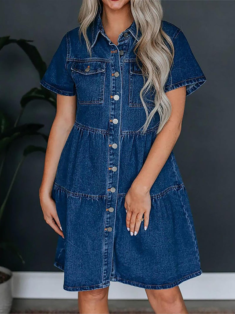 Hazel Blues® |  Pocketed Button Up Collared Neck Short Sleeve Denim Dress