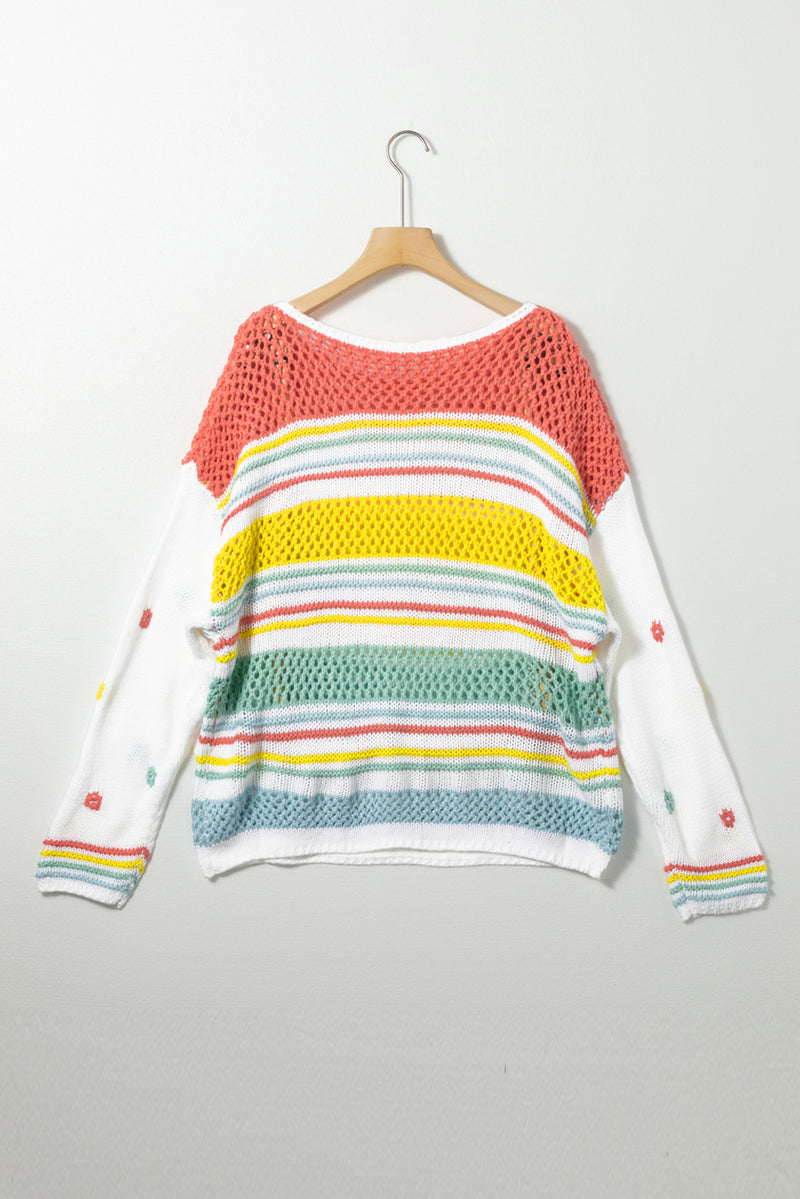 Hazel Blues® |  Hollow Striped Color Block Round Neck Sweater