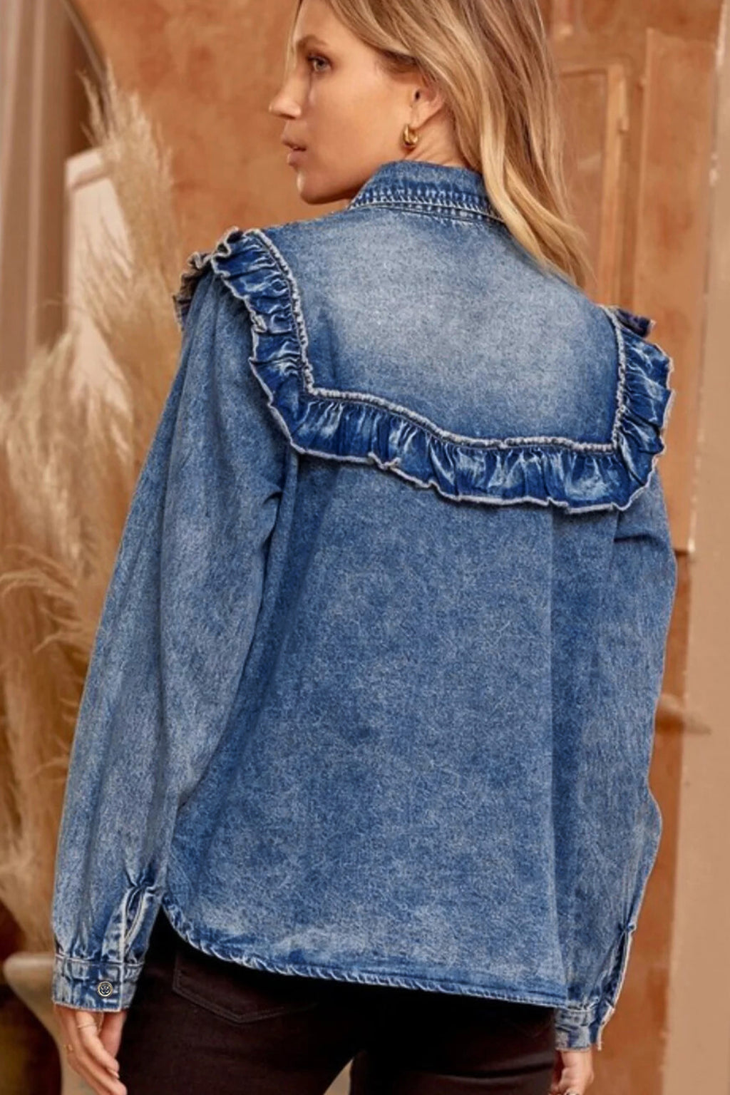 Dusk Blue Vintage Wash Denim Ruffle Detail Button Down Shirt