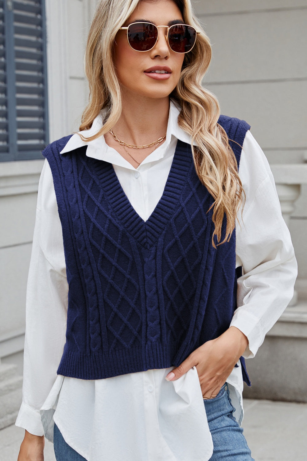 Hazel Blues® | Cable-Knit V-Neck Sweater Vest