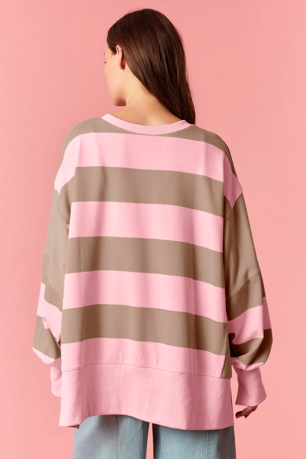 Pink Stripe Striped Color-Block Patch Pocket Split Hem Oversized Long-Sleeve Sweatshirt