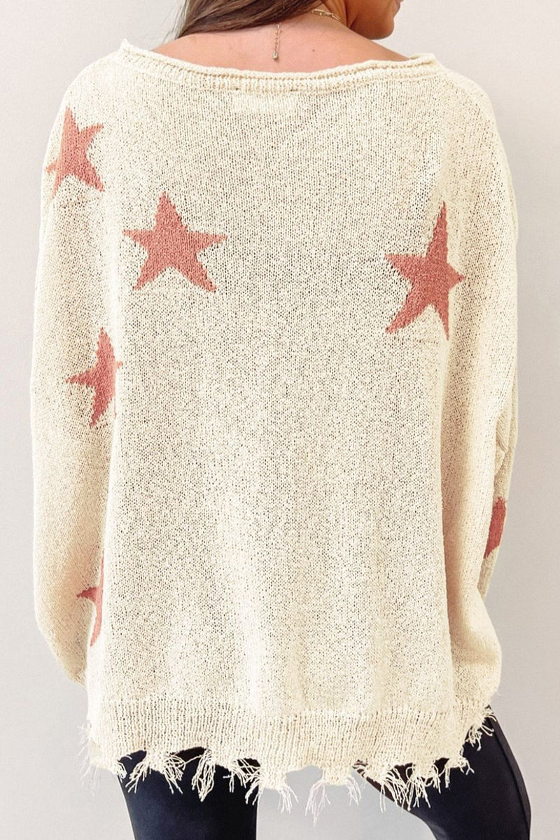 Hazel Blues® |  Contrast Star Raw Hem Long Sleeve Knit Top