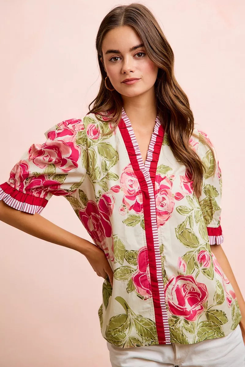 BiBi Floral Printed Woven Contrast Edge Ruffled Blouse – Hazel Blues®