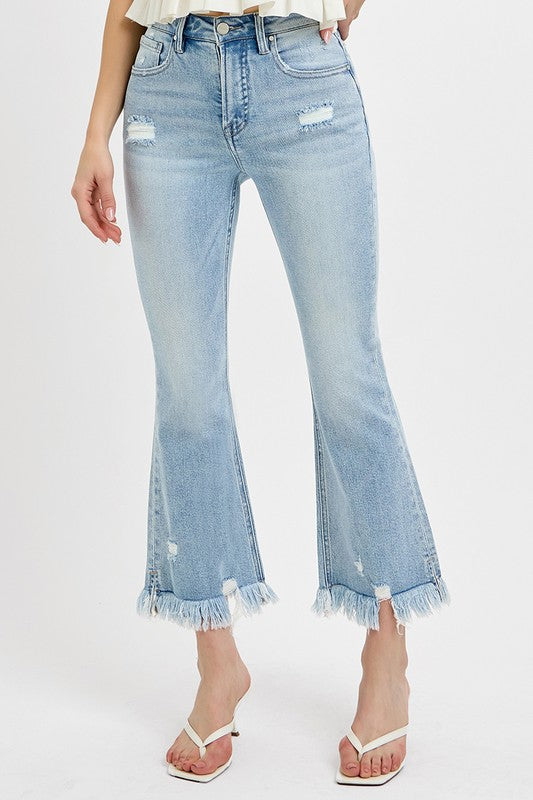 Hazel Blues® | RISEN Raw Hem Distressed Cropped Flare Jeans