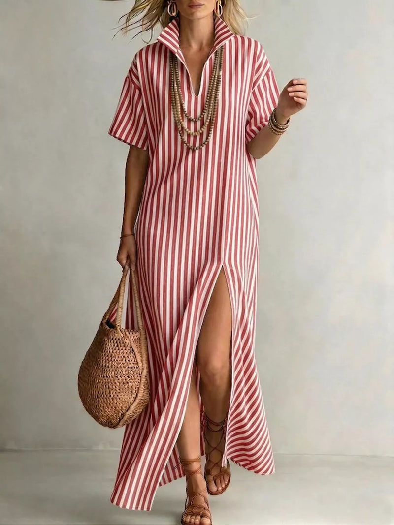 Hazel Blues | Striped High Slit Maxi Shirt Dress Hazel Blues | Striped High Slit Maxi Shirt Dress