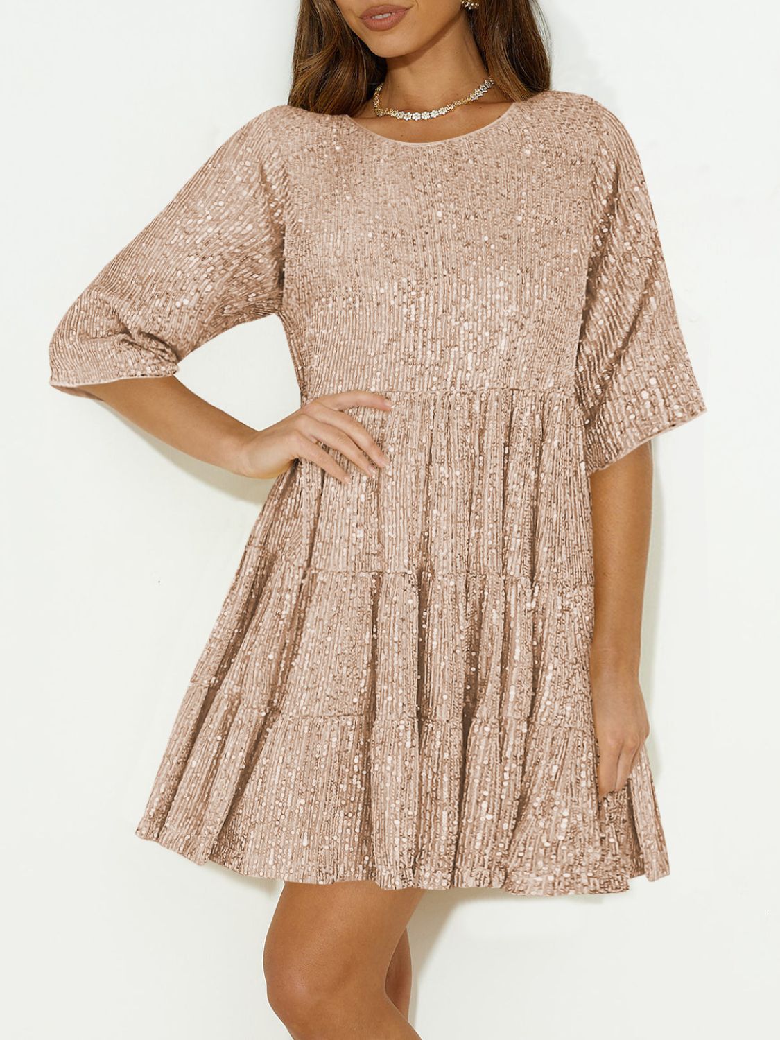 Hazel Blues® |  Sequin Round Neck Half Sleeve Mini Dress