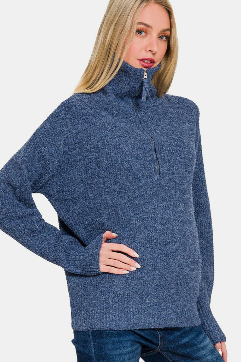 Hazel Blues® |  Zenana Half Zip Long Sleeve Sweater