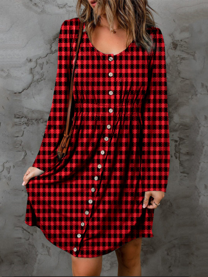 Hazel Blues® |  Double Take Plaid Round Neck Long Sleeve Magic Dress