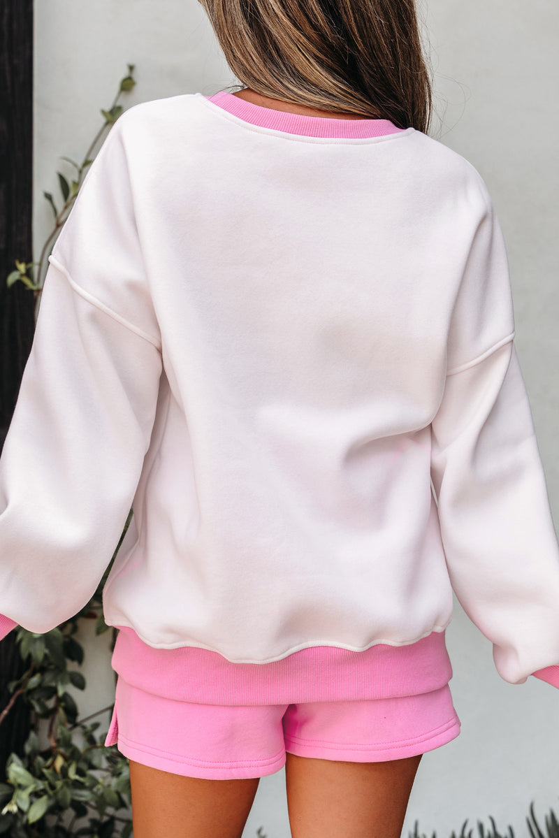 Hazel Blues® |  Strawberry Pink Color Block Pullover and Lace-up Elastic Waist Shorts Set