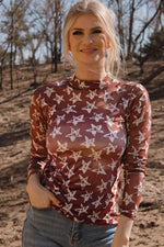 Hazel Blues® |  Red Mesh Star Print Mock Neck Sheath Long Sleeve Top
